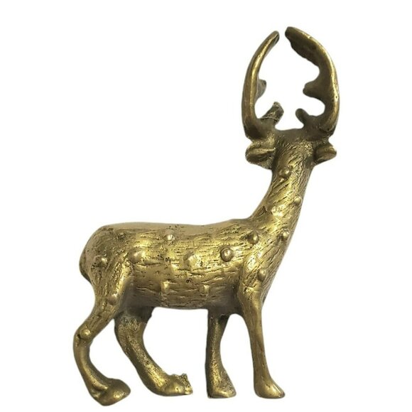 Vintage Brass Mini Spotted Deer Statue 3.5" Buck Antlers MCM Christmas Figurine - Picture 2 of 9